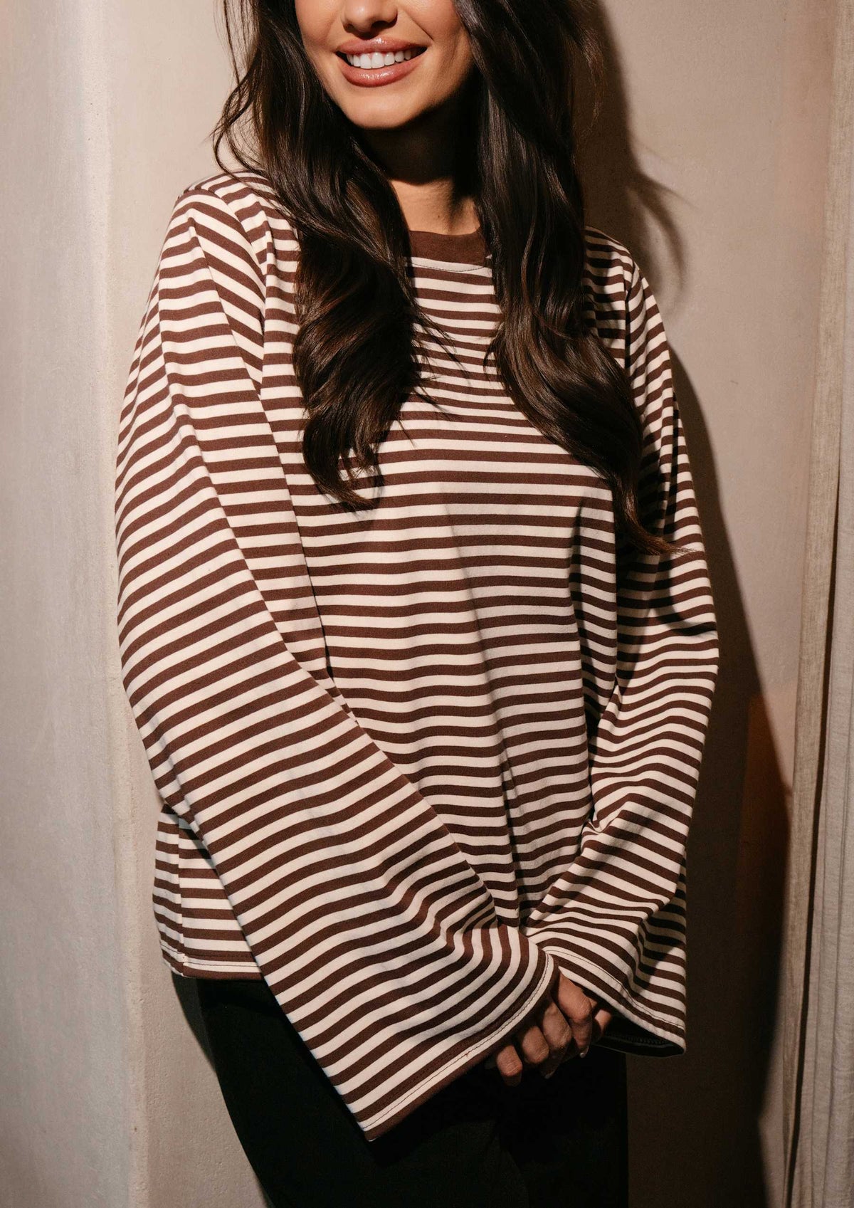 LB NALIA LS BOXY T-SHIRT - brown/creme stripe