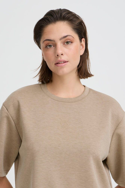 IC COZY bluse m/korte ærmer - mørk beige melange