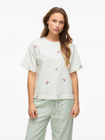 VL Vimonie T-shirt - hvid m/broderede farvede blomster