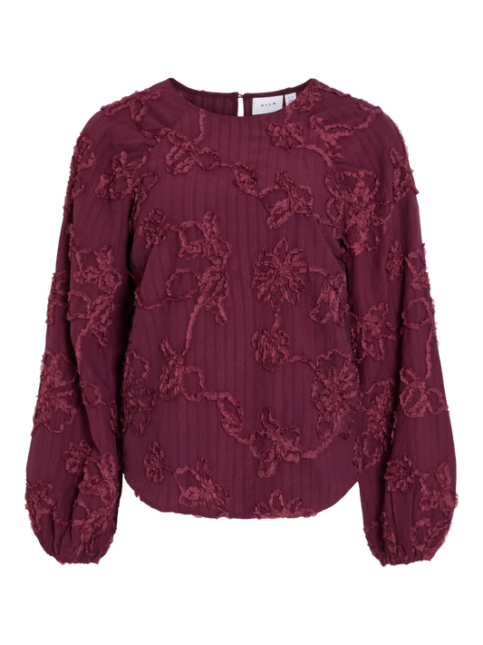 VLVIHULDA O-NECK L/S BLUSE TOP - bordeaux