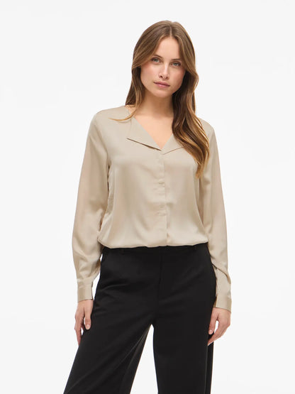 VL VIELLETTE V-NECK L/S SATIN SHIRT - CREME