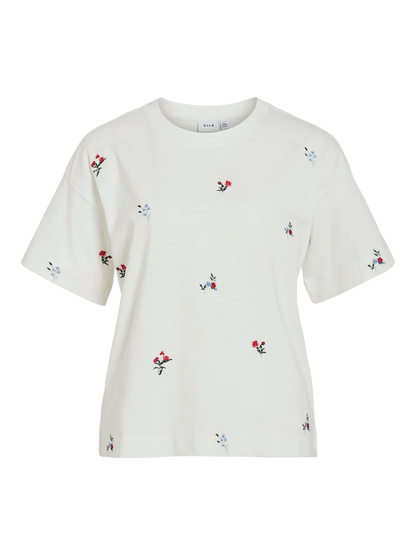 VL Vimonie T-shirt - hvid m/broderede farvede blomster