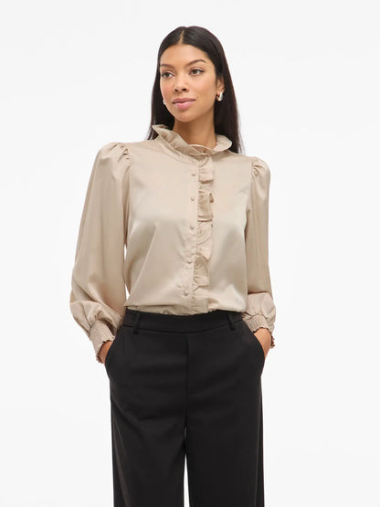 VL VILUTTO L/S FRILL SHIRT - Beige m/flæser