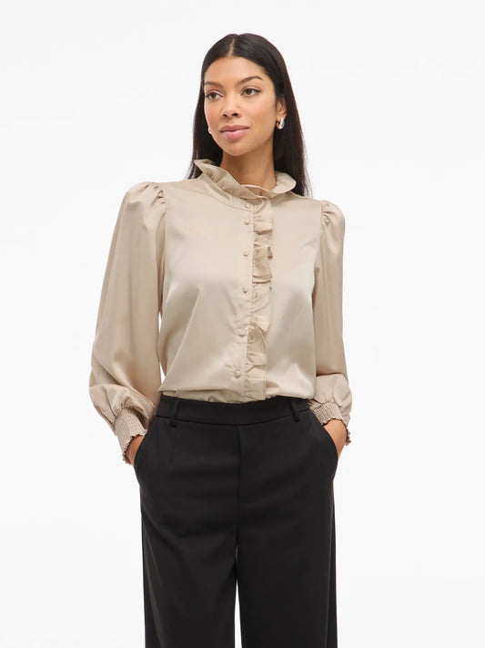 VL VILUTTO L/S FRILL SHIRT - Beige m/flæser