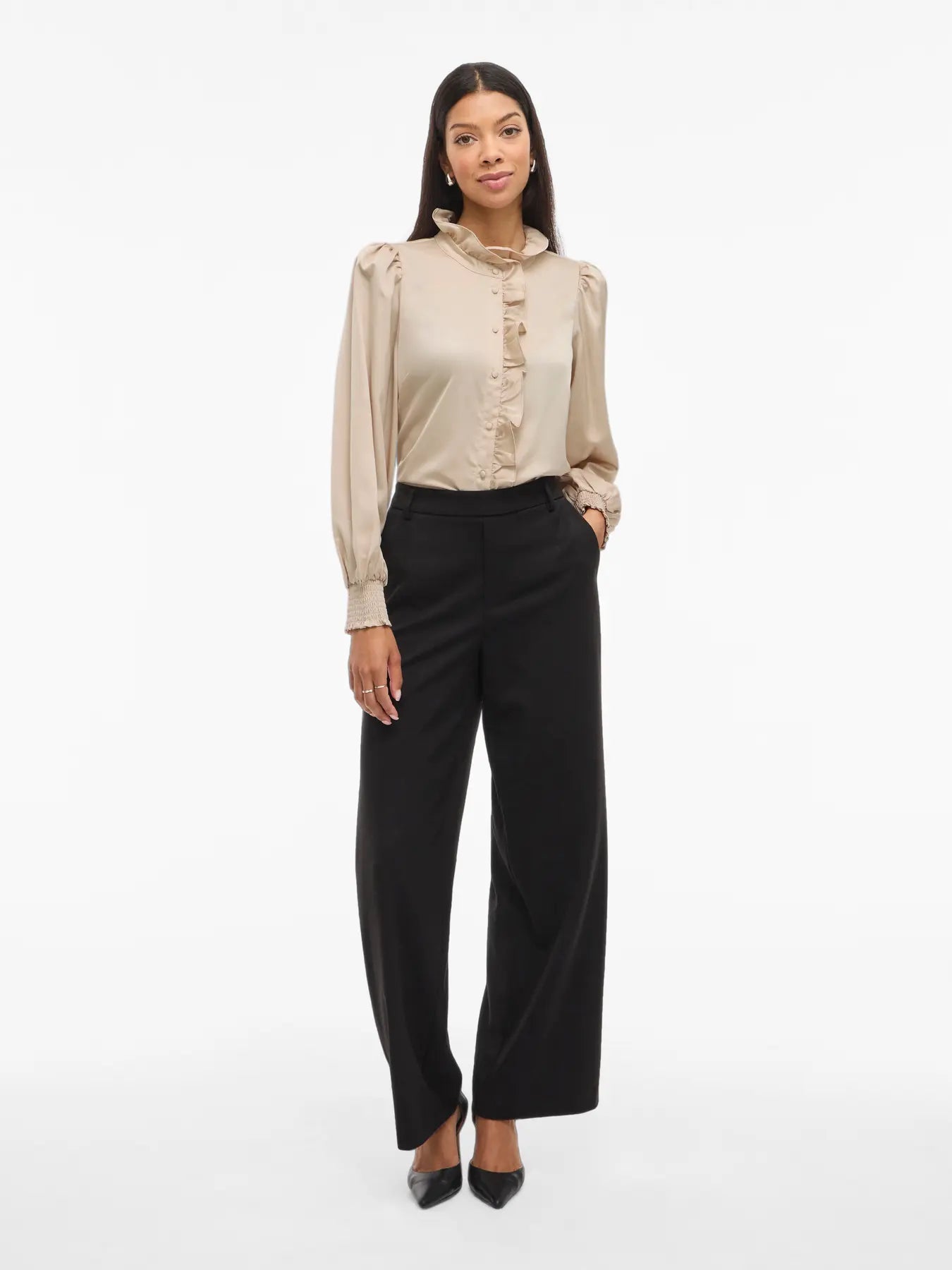 VL VILUTTO L/S FRILL SHIRT - Beige m/flæser