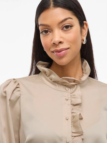 VL VILUTTO L/S FRILL SHIRT - Beige m/flæser