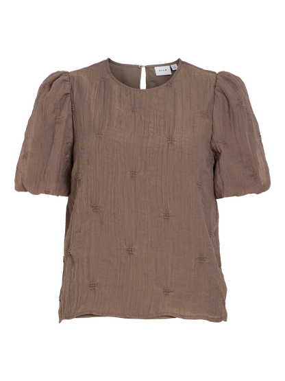 VL VIMORTI S/S O-NECK BLUSE  brun m/fine detaljer